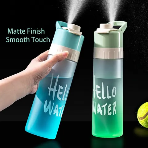 Gradient Color Sports Water Bottle With Cooling Spray Mist Dual Function Frosted PC Plastic Leakproof Portable Water Jug For Outdoor Gym Fitness