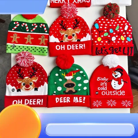 LED Light Up Christmas Knitted Beanie Hat Acrylic Warm Winter Jacquard Cap With Pom Pom For Xmas Holiday Party Decor