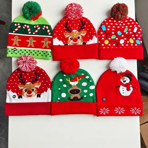 LED Light Up Christmas Knitted Beanie Hat Acrylic Warm Winter Jacquard Cap With Pom Pom For Xmas Holiday Party Decor