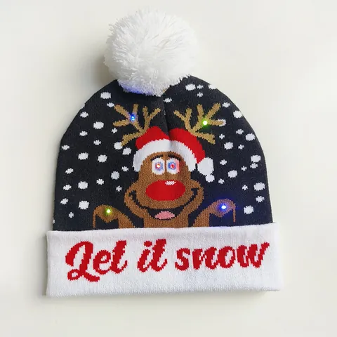 LED Light Up Christmas Knitted Beanie Hat Acrylic Warm Winter Jacquard Cap With Pom Pom For Xmas Holiday Party Decor