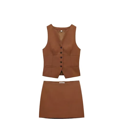 Damen Französischer Vintage Braun Baumwolle Weste Und Minirock Set Einreihig V-Ausschnitt Weste Hohe Taille A-Linie Rock Outfit