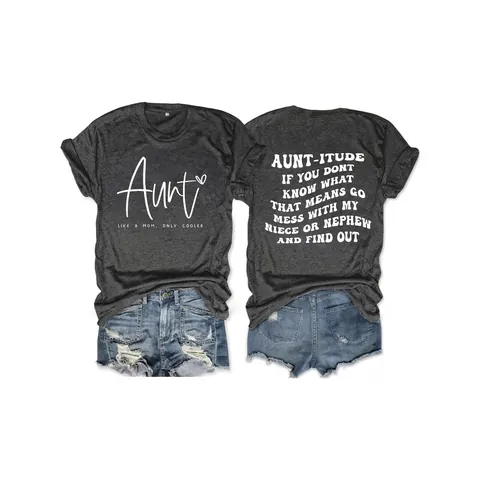 Women's Casual Round Neck Short Sleeve T-Shirt Dark Grey Cotton Aunt Letter Print Loose Top Fashion Summer Tee