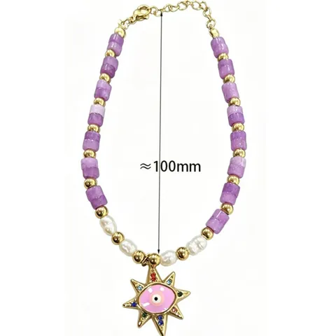 Bracciale di Perline Malocchio Placcato Oro 18K Pietra Viola Perla Artificiale Ciondolo Sole Regolabile Bambini