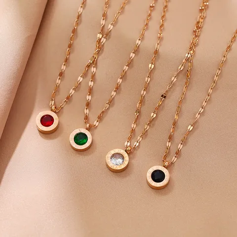 Damen Titanstahl Römische Ziffern Rund Anhänger Halskette Roségold Strass Mode Schmuck Schlüsselbein Kette