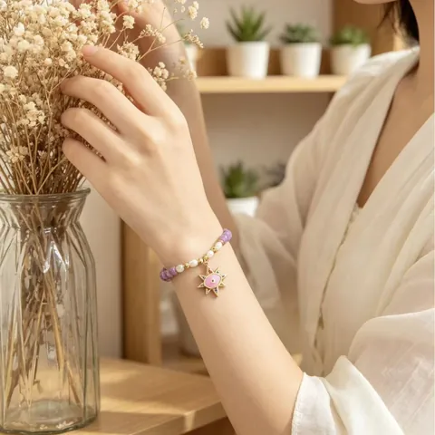 Bracciale di Perline Malocchio Placcato Oro 18K Pietra Viola Perla Artificiale Ciondolo Sole Regolabile Bambini