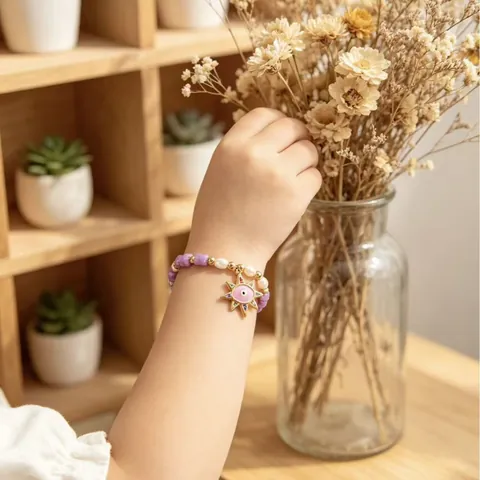 Pulsera de Abalorios Ojo Turco Bañado en Oro 18K Piedra Púrpura Perla Artificial Colgante Sol Ajustable Niños
