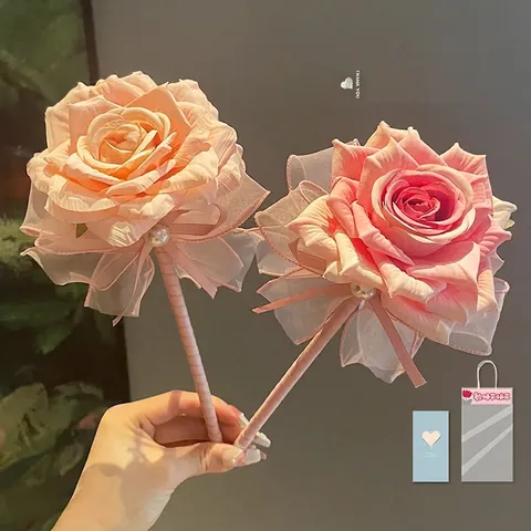 Elegant Silk Flower Ballpoint Pen Artificial Rose Tulip Peony Decoration Stationery With Pearl Ribbon For Wedding Office Gift