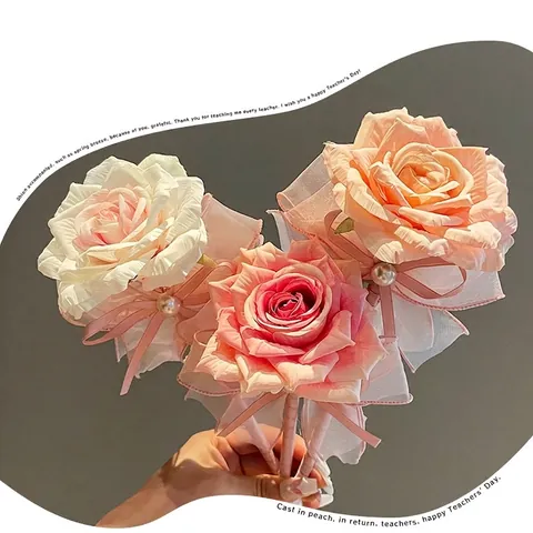 Elegant Silk Flower Ballpoint Pen Artificial Rose Tulip Peony Decoration Stationery With Pearl Ribbon For Wedding Office Gift
