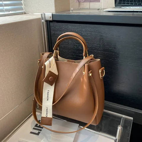 Women High Capacity PU Leather Bucket Bag Fashion Letter Ribbon Handbag With Sub-Bag Single Shoulder Crossbody Bag For Travel Daily