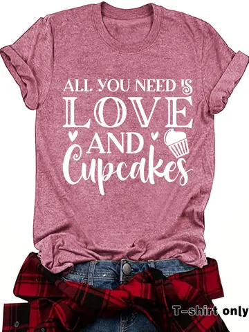 Dames Casual Gekleurd Katoen T-Shirt Liefde Cupcake Grafische Letterprint Ronde Hals Korte Mouw Top Zomer Mode Streetwear