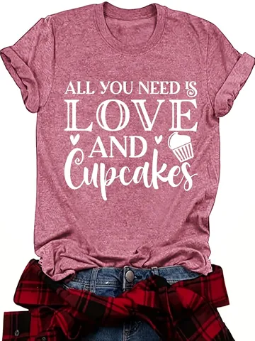 Camiseta de Algodón de Color Casual para Mujer Estampado Gráfico Letras Cupcake Cuello Redondo Manga Corta Top Moda Verano Streetwear