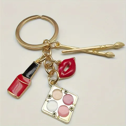 Porte-Clés en Alliage Mode Drip Oil Or Rouge Rouge à Lèvres Lèvres Boîte à Paupières Pinceau de Maquillage Pendentif Sac Femme