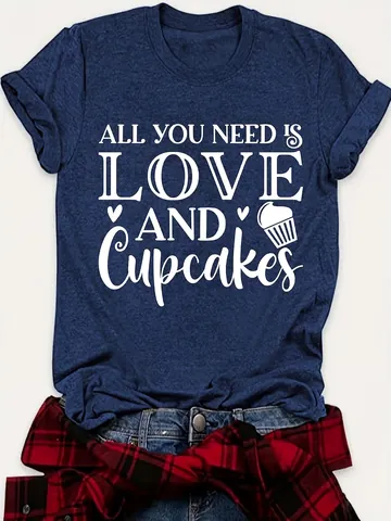 Camiseta de Algodón de Color Casual para Mujer Estampado Gráfico Letras Cupcake Cuello Redondo Manga Corta Top Moda Verano Streetwear
