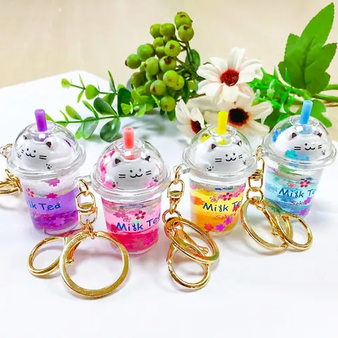 Cute Sakura Cat Milk Tea Cup Liquid Flow Sand Keychain Cartoon Animal Bag Pendant Charm For Women Girls Gift Accessory