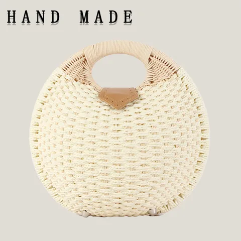 Handmade Paper Rope Woven Handbag For Women Shell Shaped Round Beach Bag Casual Vacation Tote Bag Summer Fashion Handbag