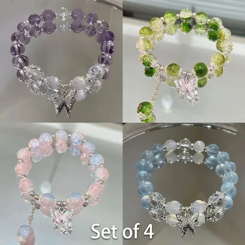 Pulsera de Cuentas de Mariposa de Hada para Mujer Dulce Estilo Ins Lavanda Pulsera de Vidrio Aleación Colgante Strass Joyería Regalo