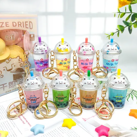 Cute Sakura Cat Milk Tea Cup Liquid Flow Sand Keychain Cartoon Animal Bag Pendant Charm For Women Girls Gift Accessory