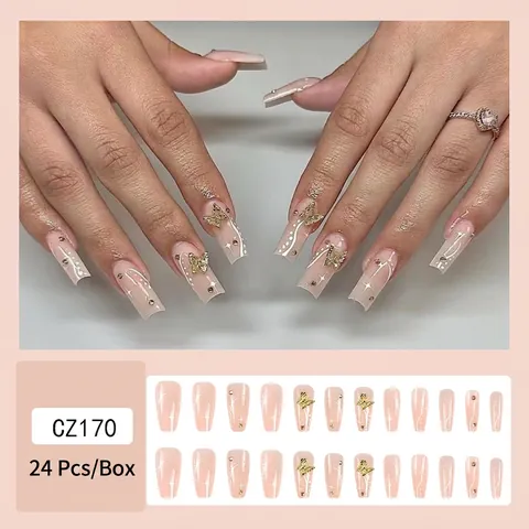 Faux Ongles à Presser Luxe Papillon Doré Long Coffin Avec Strass Rose Nude Ongles Artificiels Pour Fête Femmes