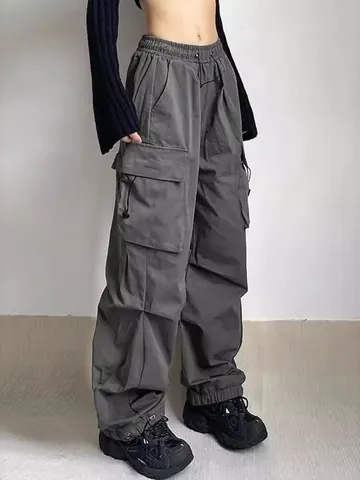 Men's Y2K Harajuku Retro Parachute Pants Loose Wide Leg Cargo Trousers Hip Hop High Street Drawstring Multi Pocket Casual Pants