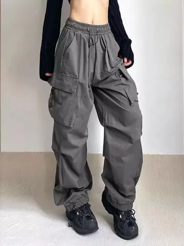 Men's Y2K Harajuku Retro Parachute Pants Loose Wide Leg Cargo Trousers Hip Hop High Street Drawstring Multi Pocket Casual Pants