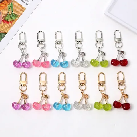 Glittery Simulation Cherry Keychain Cute Exquisite Resin Fruit Pendant Alloy Metal Keyring For Women Bag Decoration Gift