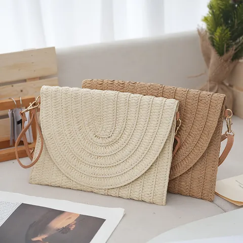 Dames Handgeweven Maïsschil Stro Envelop Tas Grote Capaciteit Strand Vakantie Schoudertas Underarm Tote Met Afneembare Riem