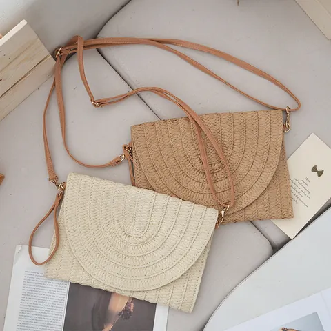 Dames Handgeweven Maïsschil Stro Envelop Tas Grote Capaciteit Strand Vakantie Schoudertas Underarm Tote Met Afneembare Riem