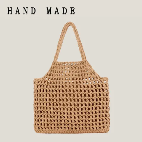 Handmade Woven Cotton Thread Mesh Tote Bag For Women Summer Vacation Hollow Out Mori Style Literary Handbag With Inner Bag
