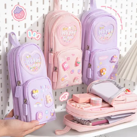 Large Capacity Fabric Schoolbag Style Pencil Case With Heart Sequin Window Multi Layer Cartoon Patch Stationary Pouch For Student Girl