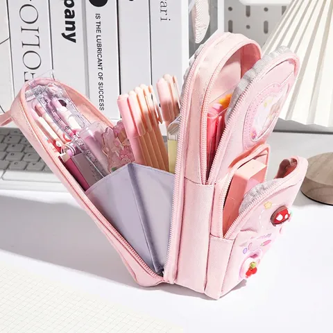 Large Capacity Fabric Schoolbag Style Pencil Case With Heart Sequin Window Multi Layer Cartoon Patch Stationary Pouch For Student Girl