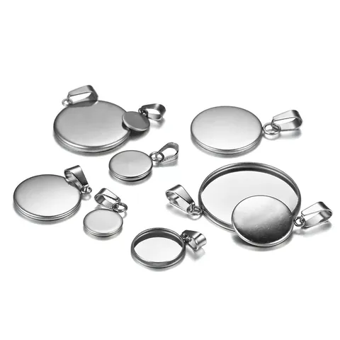 Stainless Steel Round Cabochon Setting Pendant Base With Pinch Bail For DIY Jewelry Making Bezel Tray Findings Silver Tone