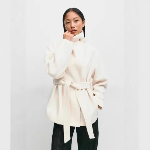 Elegant Wool Blend Double Faced Coat For Women Stand Collar Mid Length Belted Thick Outerwear Solid Color Fashion Overcoat