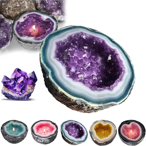 Portacandele Geode di Cristallo Ciotola per Candela Profumata in Finto Ametista Artigianato in Resina Sintetica Ornamento da Scrivania