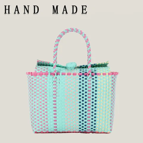 Handmade Woven PVC Handbag Contrast Color Plastic Basket For Women Beach Vacation Picnic Fresh Sweet Style Tote Bag