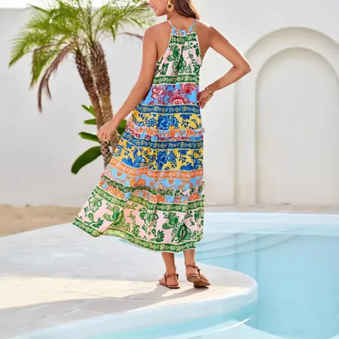 Abito Maxi da Donna con Scollo all'Americana Stampa Bohemienne Senza Maniche a Balze Floreale Estivo da Spiaggia Largo