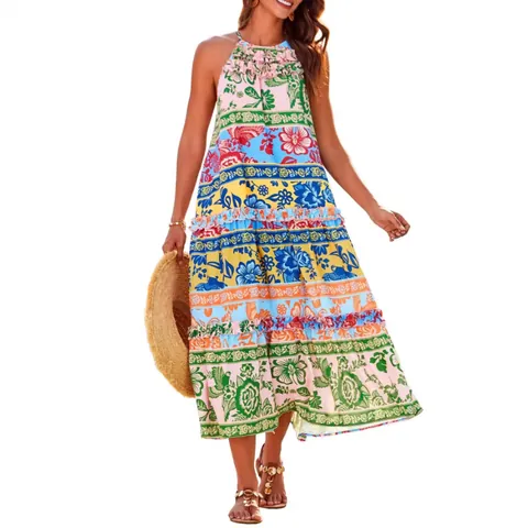 Abito Maxi da Donna con Scollo all'Americana Stampa Bohemienne Senza Maniche a Balze Floreale Estivo da Spiaggia Largo