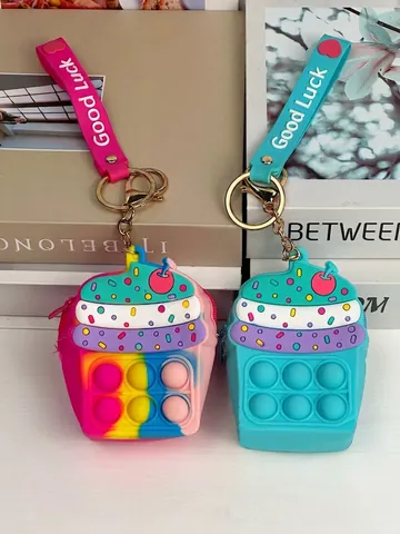 Portamonete in Silicone a Forma di Cupcake Pop It Antistress per Bambini Borsa per Chiavi con Catena Giocattolo Sensoriale
