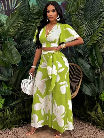 Women Tropical Print Top And Bottom V-Neck Ruffle Butterfly Sleeve Crop Shirt High Waist Tie Wide Leg Pants Summer Vacation Outfits