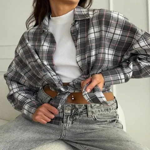 Camicia a Quadri Retrò Americano da Donna Camicetta a Righe Manica Lunga Oversized Media Lunghezza Streetwear Casual Comoda Top Autunnale