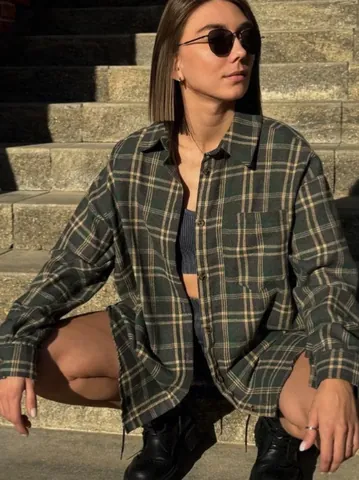 Camicia a Quadri Retrò Americano da Donna Camicetta a Righe Manica Lunga Oversized Media Lunghezza Streetwear Casual Comoda Top Autunnale