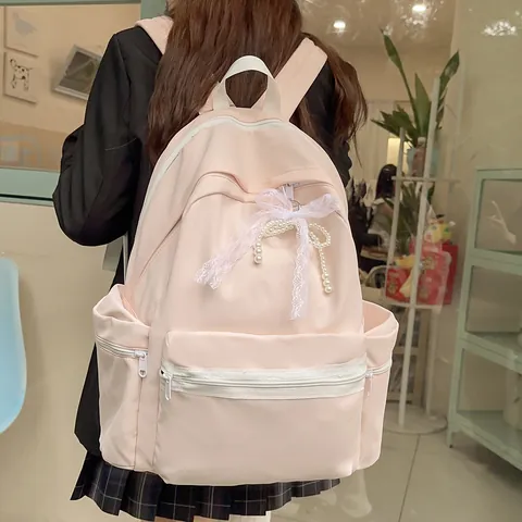 Mode Damen Nylon Rucksack Süße Spitzenschleife Perlendekor Große Kapazität Schultasche Für Mittelschule College Studenten