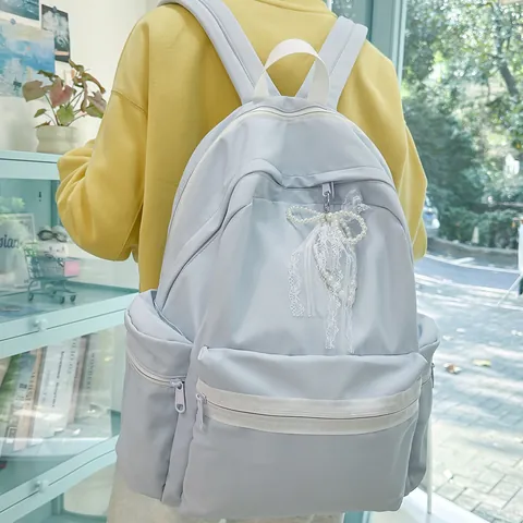 Mode Damen Nylon Rucksack Süße Spitzenschleife Perlendekor Große Kapazität Schultasche Für Mittelschule College Studenten