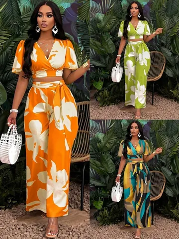 Women Tropical Print Top And Bottom V-Neck Ruffle Butterfly Sleeve Crop Shirt High Waist Tie Wide Leg Pants Summer Vacation Outfits