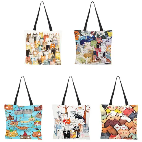 Dames Artistieke Kat Print Linnen Canvas Tote Bag Milieuvriendelijke Boodschappentas Met Zeeleven Patroon