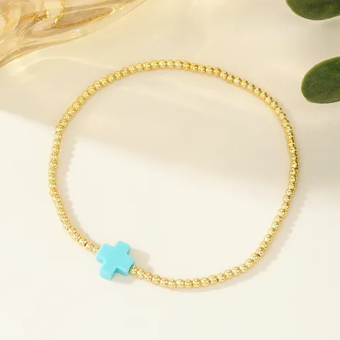 Bracciale Vintage in Perle di Rame Oro con Ciondolo a Croce Colorata Gioielli di Nicchia Fatti a Mano per Donna Abbigliamento Quotidiano