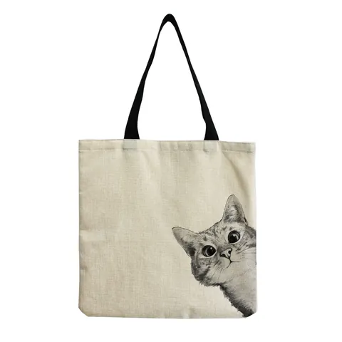 Cute Cartoon Cat Print Linen Shopping Bag Large Capacity Reusable Shoulder Tote Bag For Women Casual Daily Eco Bag