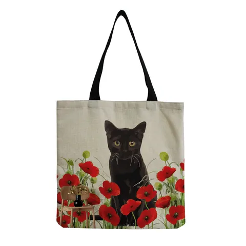 Cute Cartoon Cat Print Linen Shopping Bag Large Capacity Reusable Shoulder Tote Bag For Women Casual Daily Eco Bag