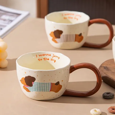 Creative Cartoon Dog Ceramic Mug With Irregular Rim Brown Handle Heat Resistant Microwave Safe Coffee Milk Mug Home Office Cup