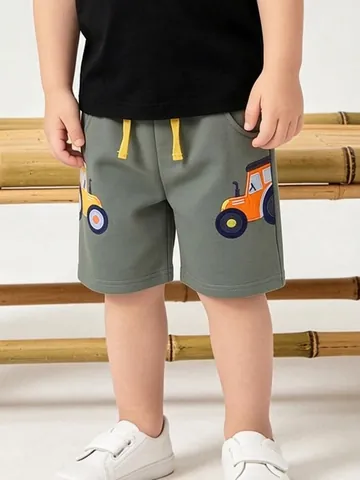 Boys Casual Cotton Knit Shorts Cartoon Tractor Embroidery Elastic Waist Comfortable Summer Kids Shorts Army Green