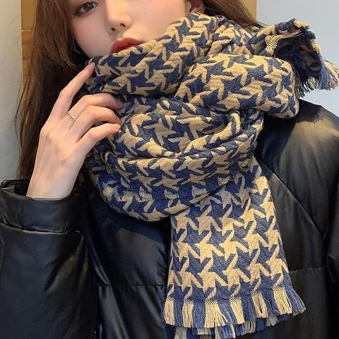 Winter Hahnentritt Schal Kaschmir Imitat Warm Dick Quaste Retro Schultertuch Elegant Damen Accessoires